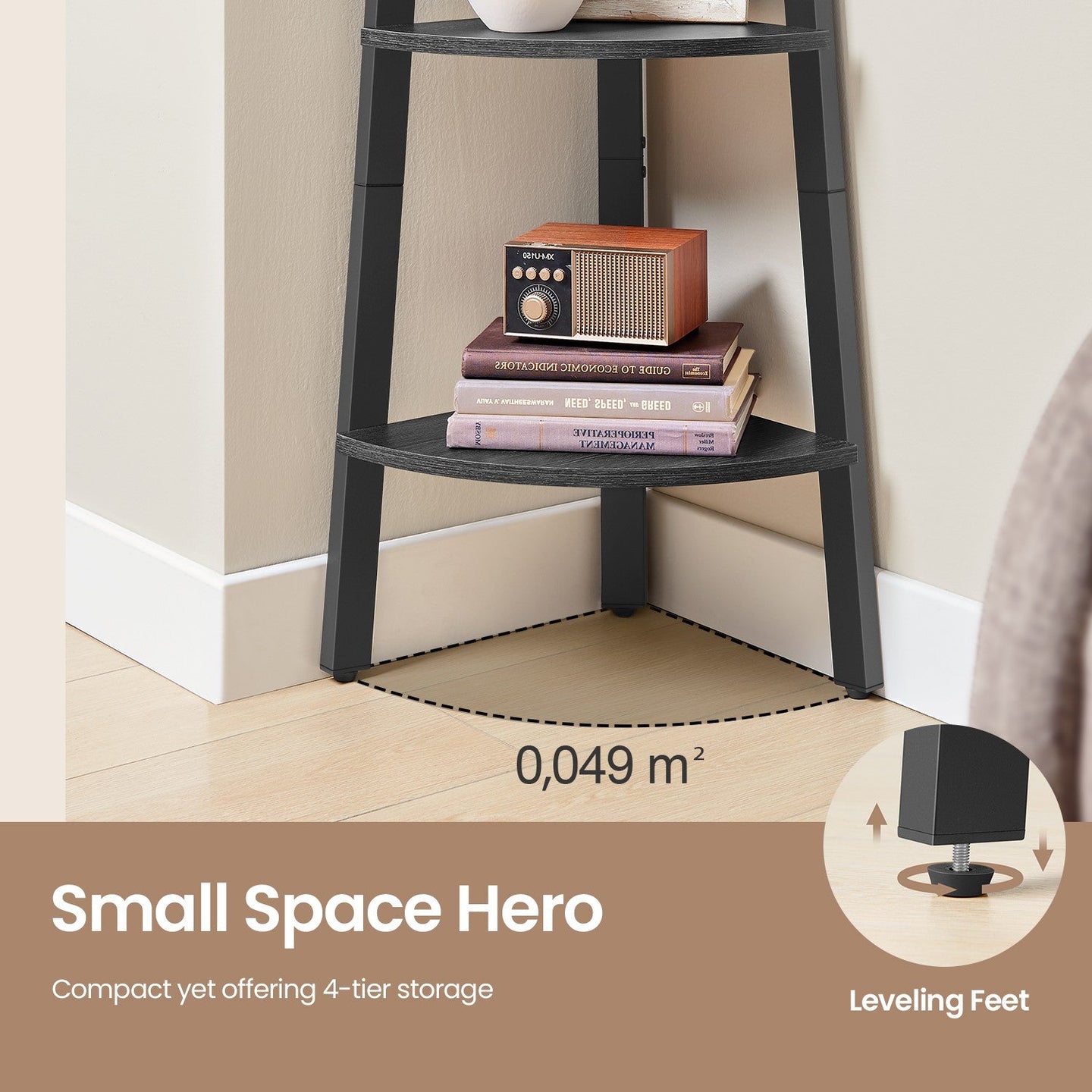 4-Tier Corner Bookshelf - Steel Frame - Natural Oak