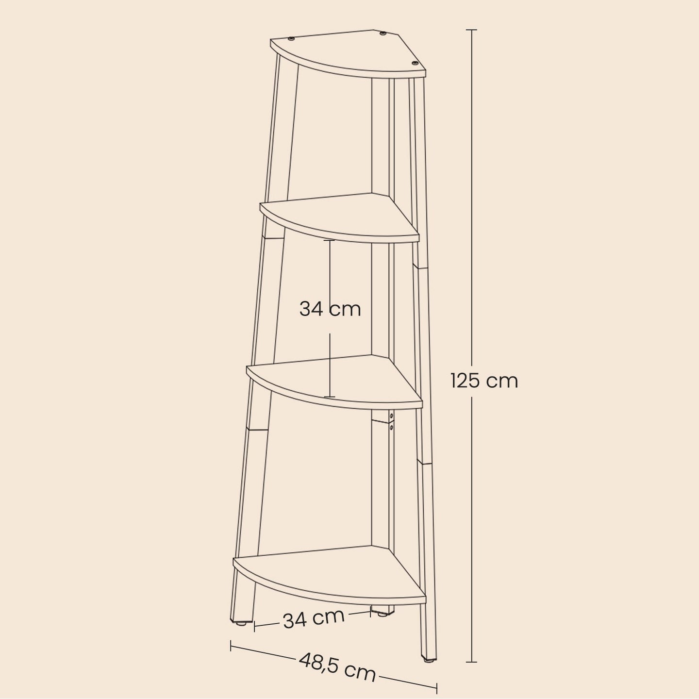 4-Tier Corner Bookshelf - Steel Frame - Natural Oak