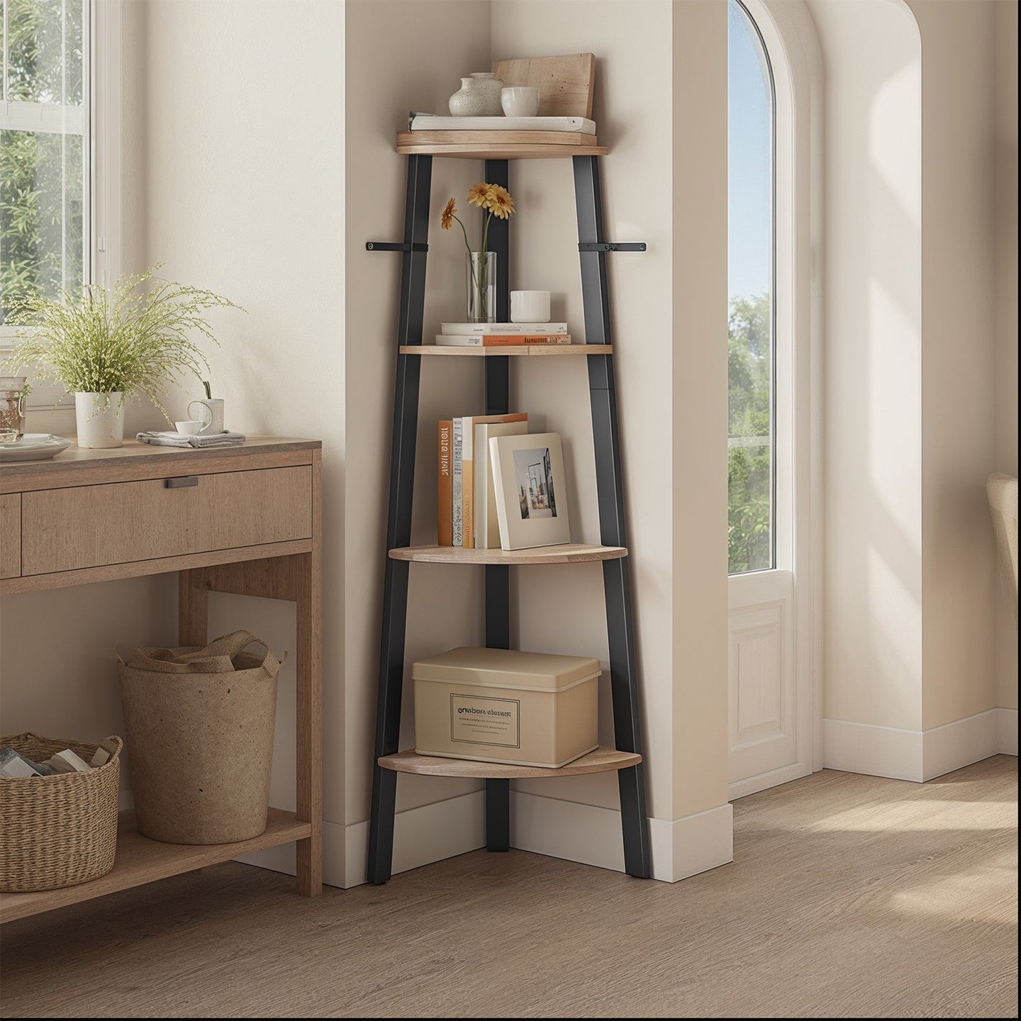 4-Tier Corner Bookshelf - Steel Frame - Natural Oak