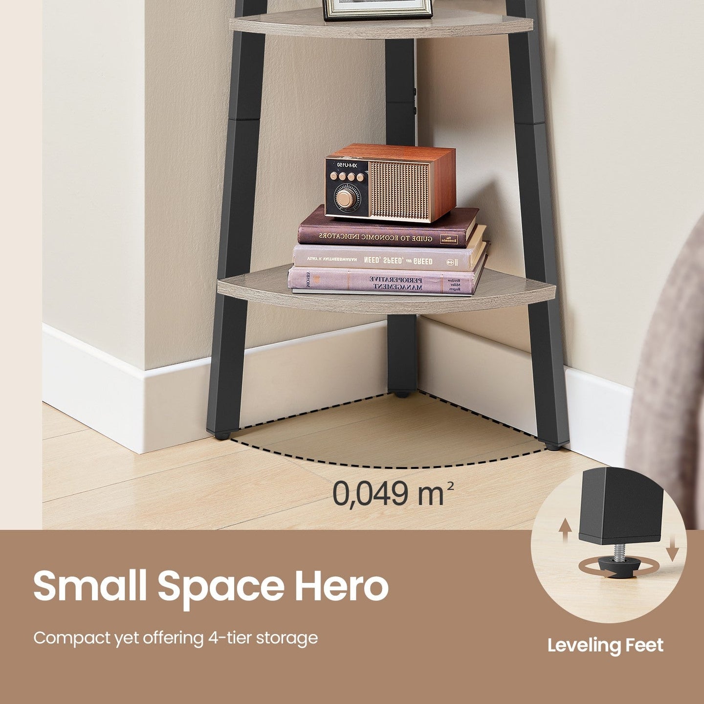 4-Tier Corner Bookshelf - Steel Frame - Natural Oak