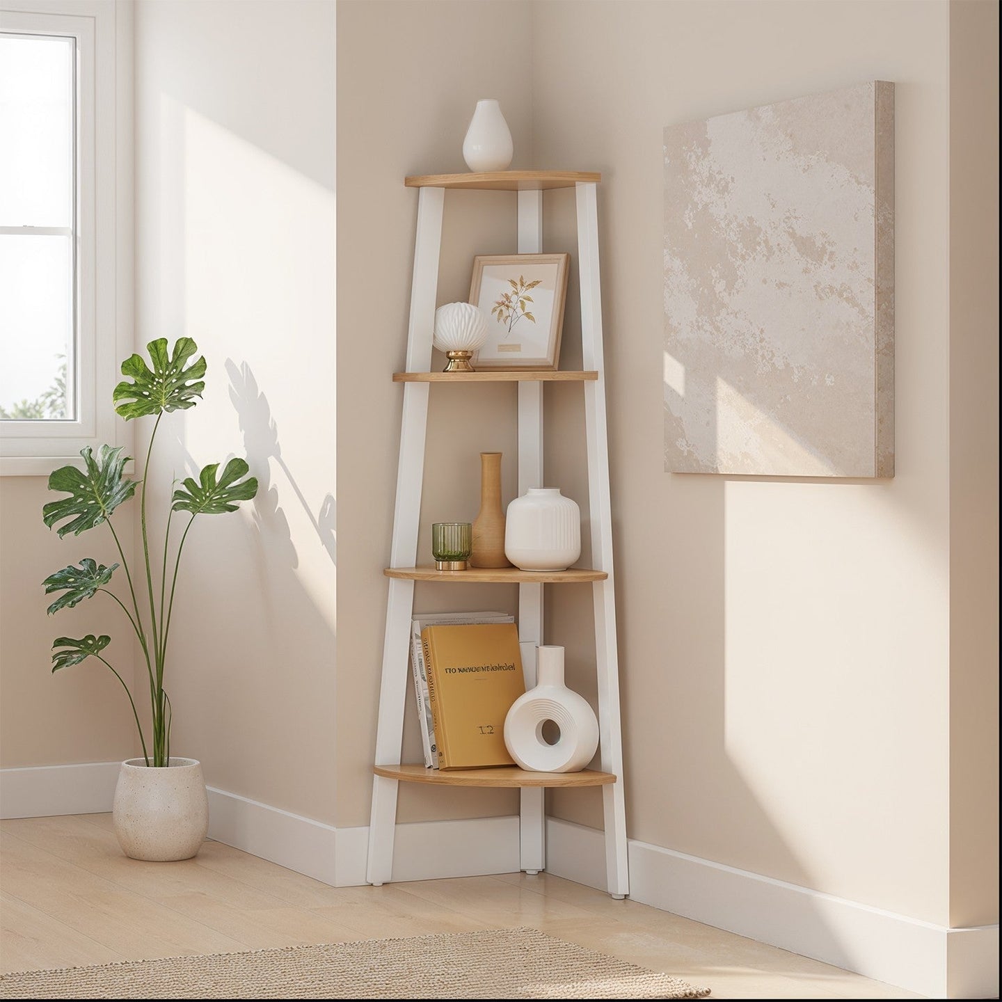 Corner Ladder Shelf - 4-Tier Design - Steel Frame - Natural Oak