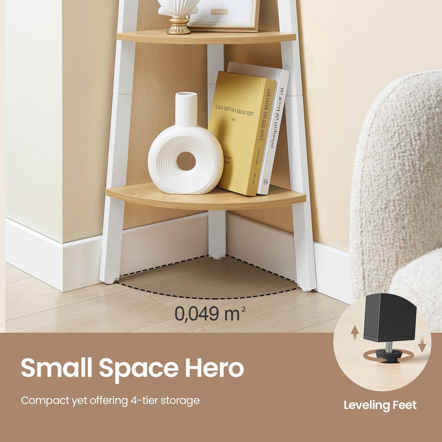 Corner Ladder Shelf - 4-Tier Design - Steel Frame - Natural Oak