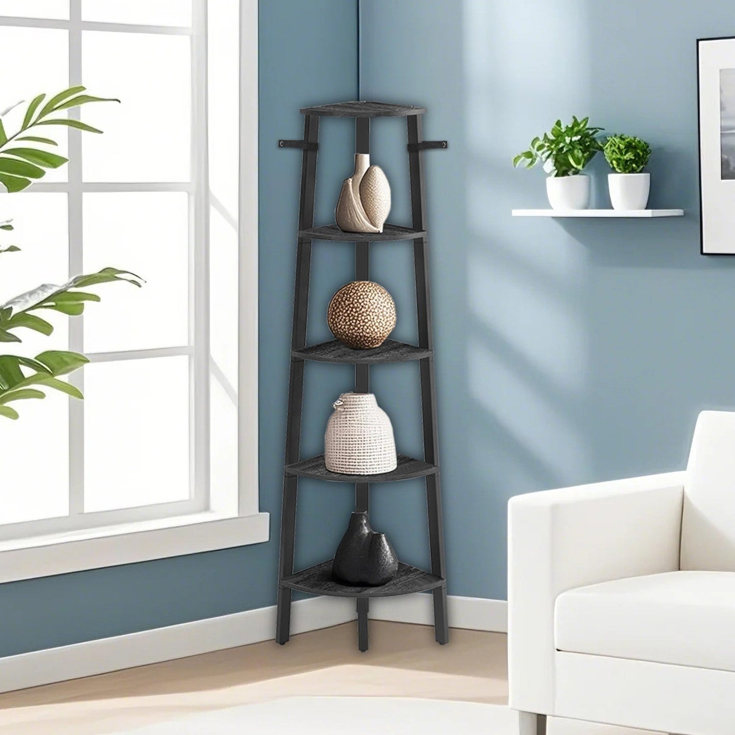 Corner Shelf Unit - 5-Tier Industrial Design - Engineered Wood - Natural Oak