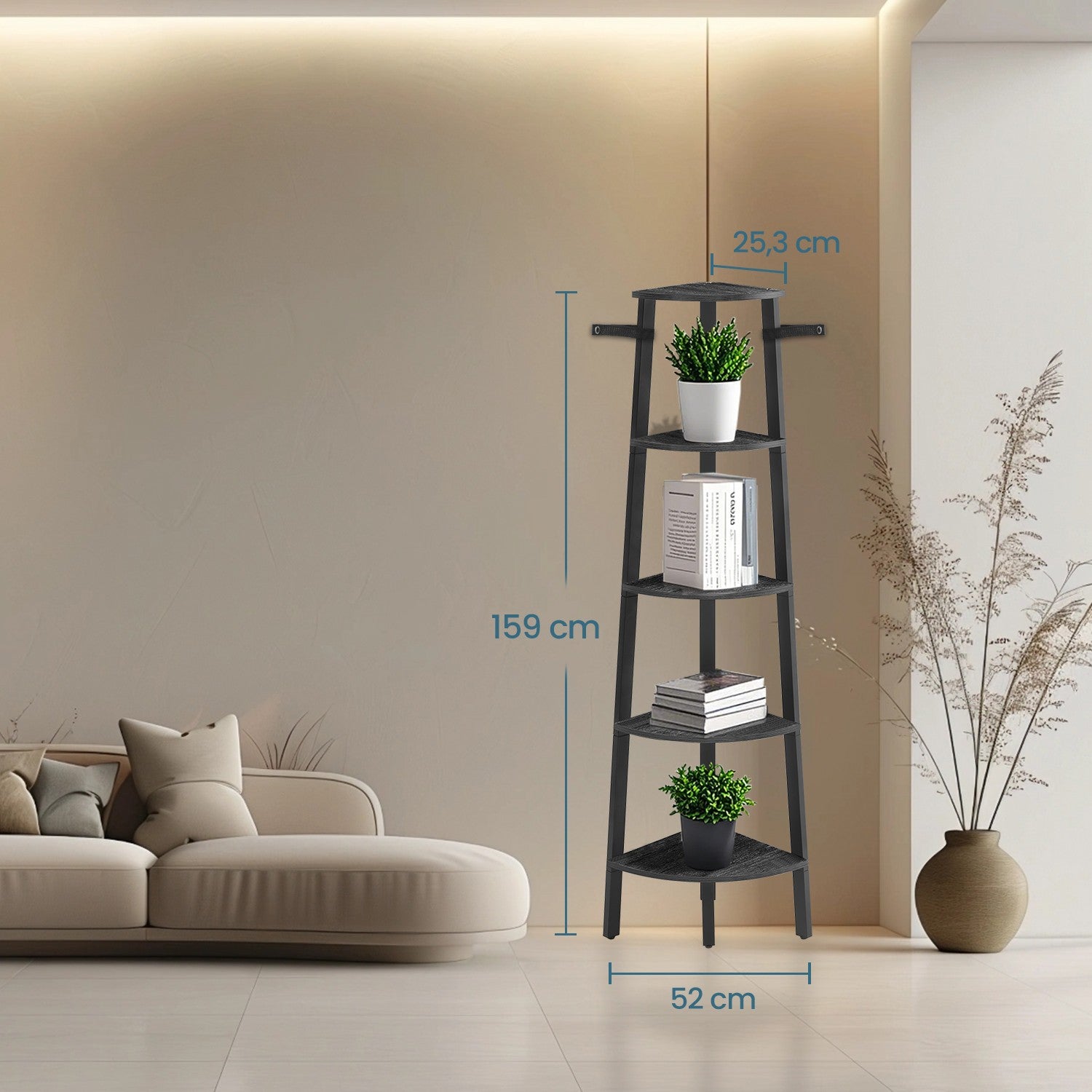 Corner Shelf Unit - 5-Tier Industrial Design - Engineered Wood - Natural Oak
