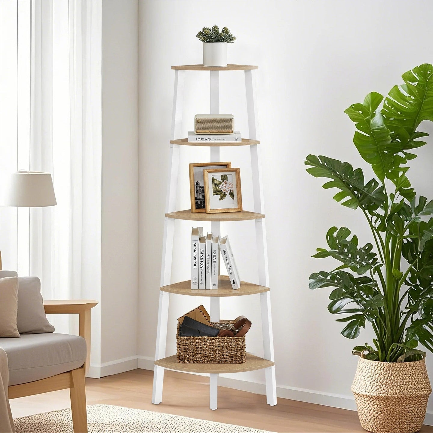 Corner Ladder Shelf - 5-Tier Industrial Style - Wood - Natural Oak