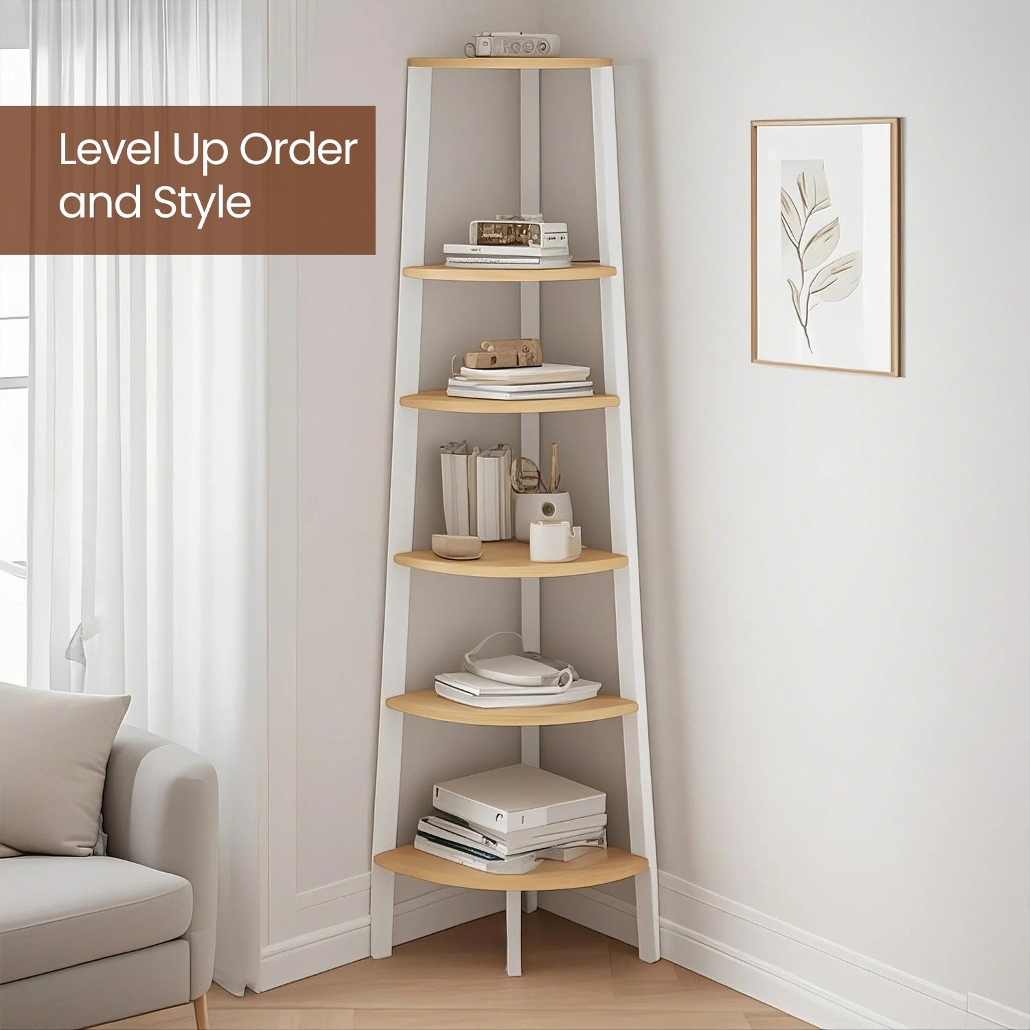 Corner Ladder Shelf - 5-Tier Industrial Style - Wood - Natural Oak