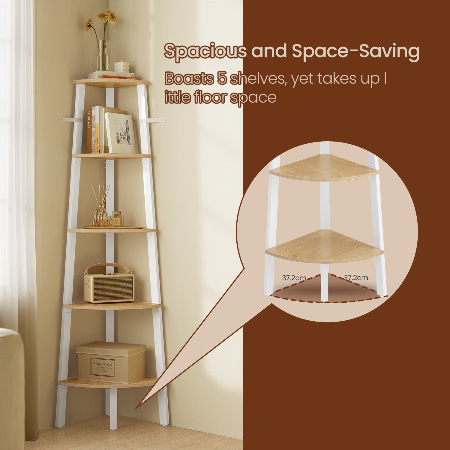 Corner Ladder Shelf - 5-Tier Industrial Style - Wood - Natural Oak
