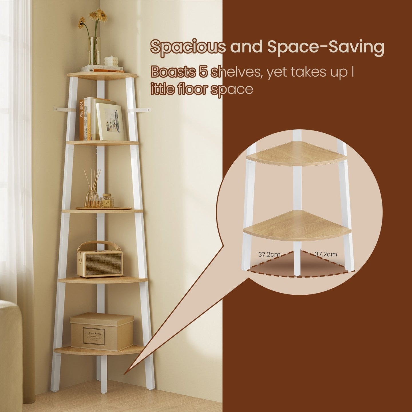 Corner Ladder Shelf - 5-Tier Industrial Style - Wood - Natural Oak