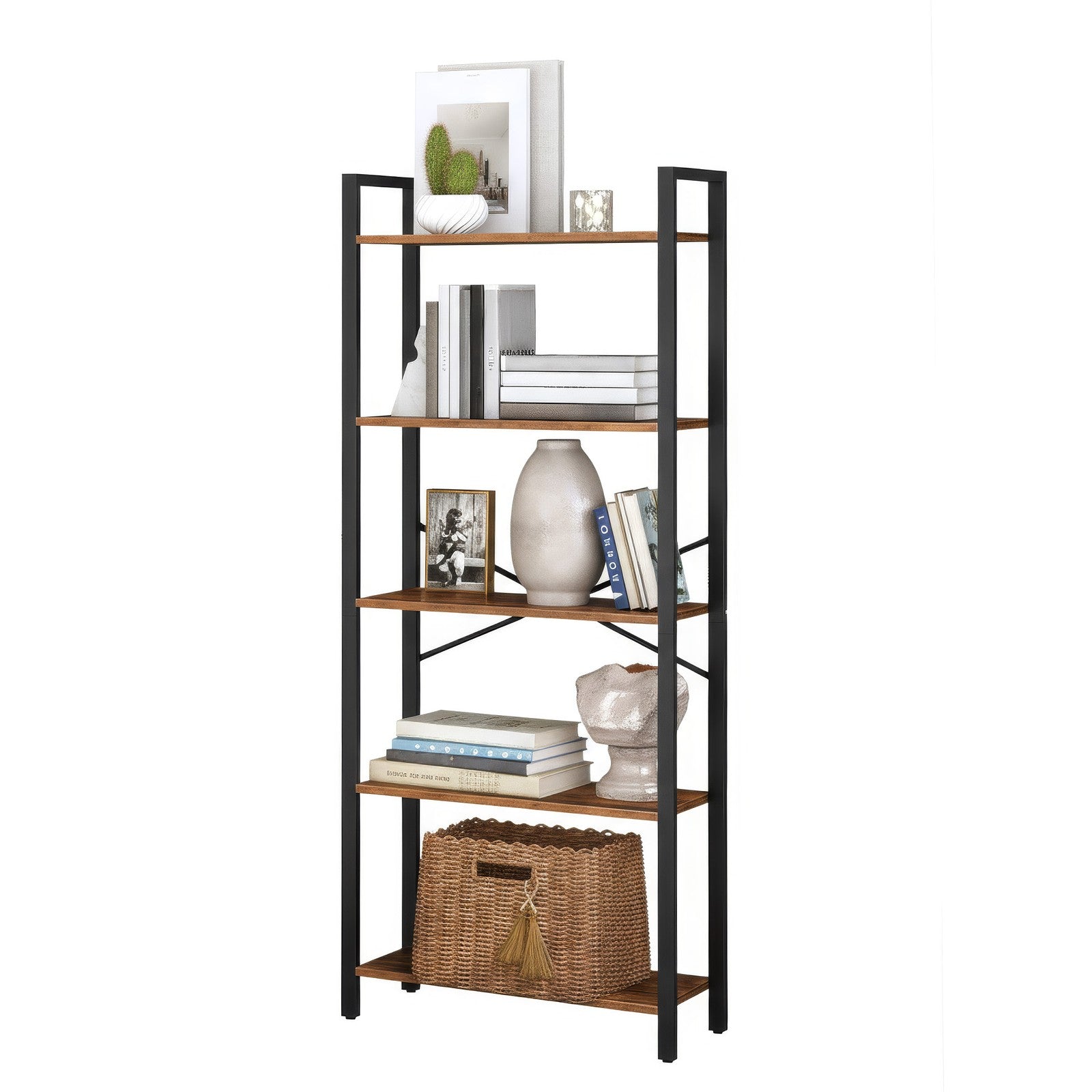 4-Shelf Storage Rack - Wood and Steel - Rustic Brown