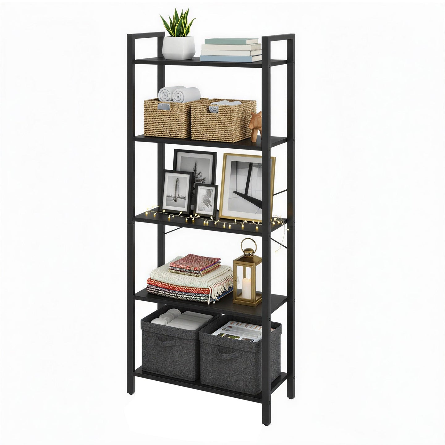 Tall Storage Shelf - Steel - Rustic Brown and Black - 5-Tier Industrial Bookcase