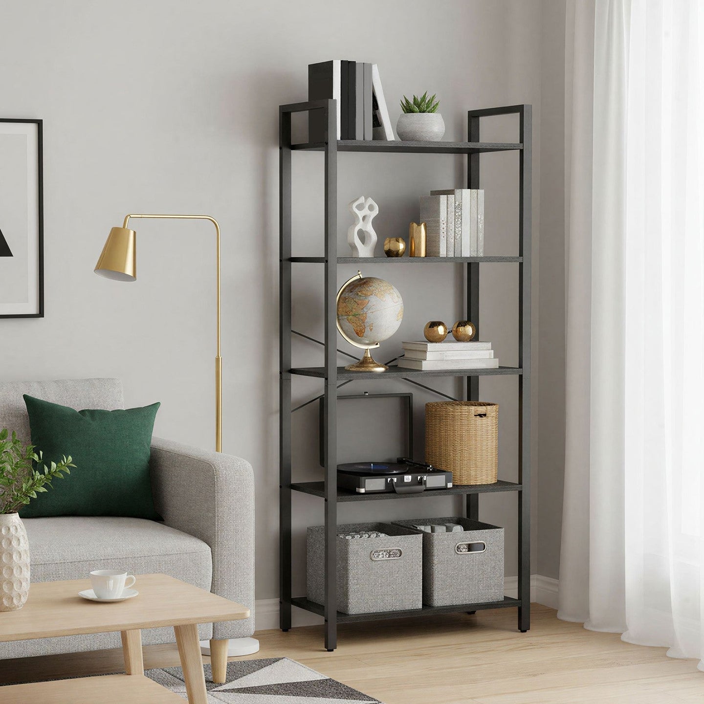 Tall Storage Shelf - Steel - Rustic Brown and Black - 5-Tier Industrial Bookcase