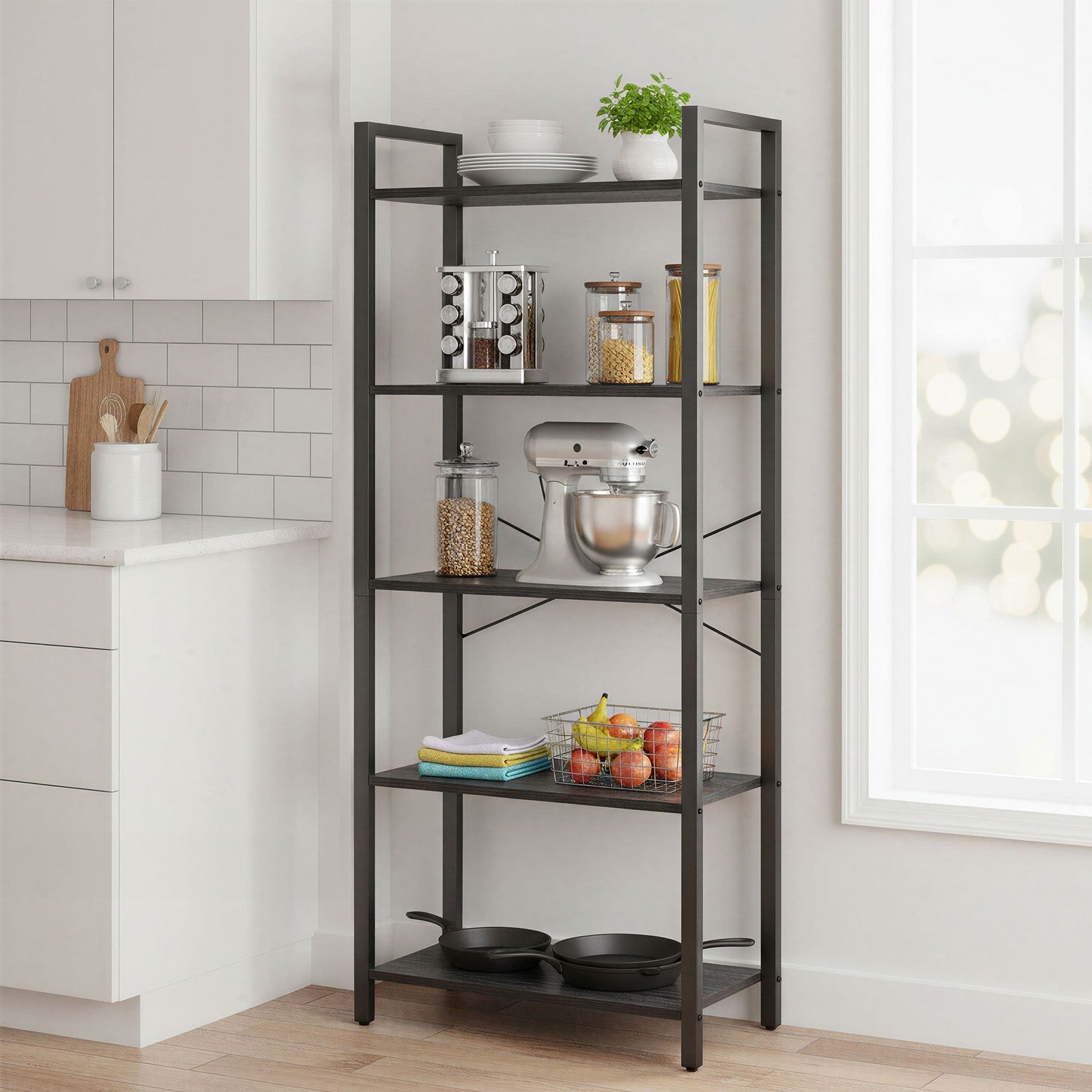Tall Storage Shelf - Steel - Rustic Brown and Black - 5-Tier Industrial Bookcase
