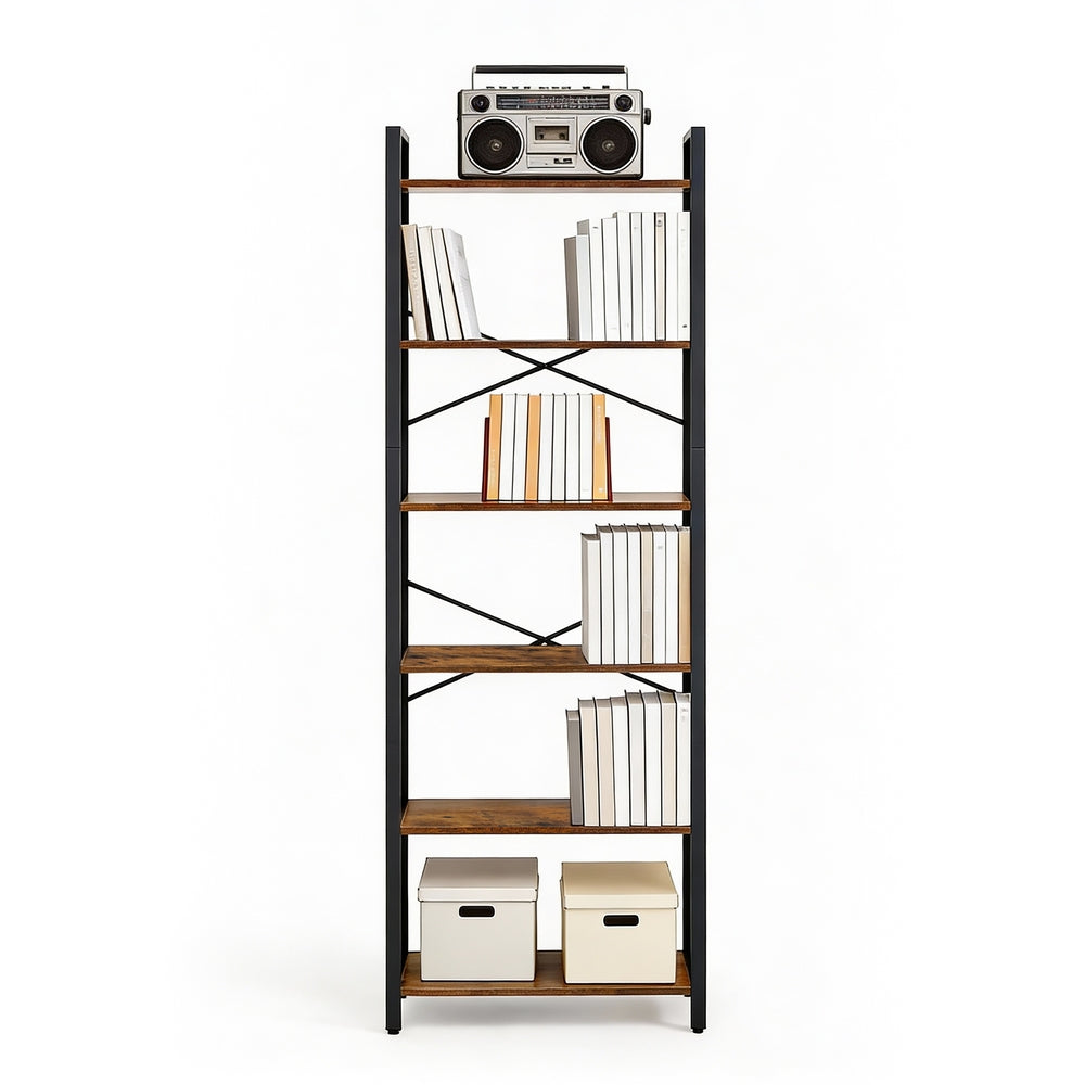6-Tier Bookshelf, Bookcase - Particleboard and Steel - Greige