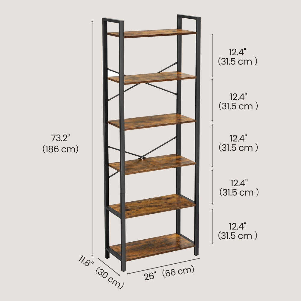 6-Tier Bookshelf, Bookcase - Particleboard and Steel - Greige