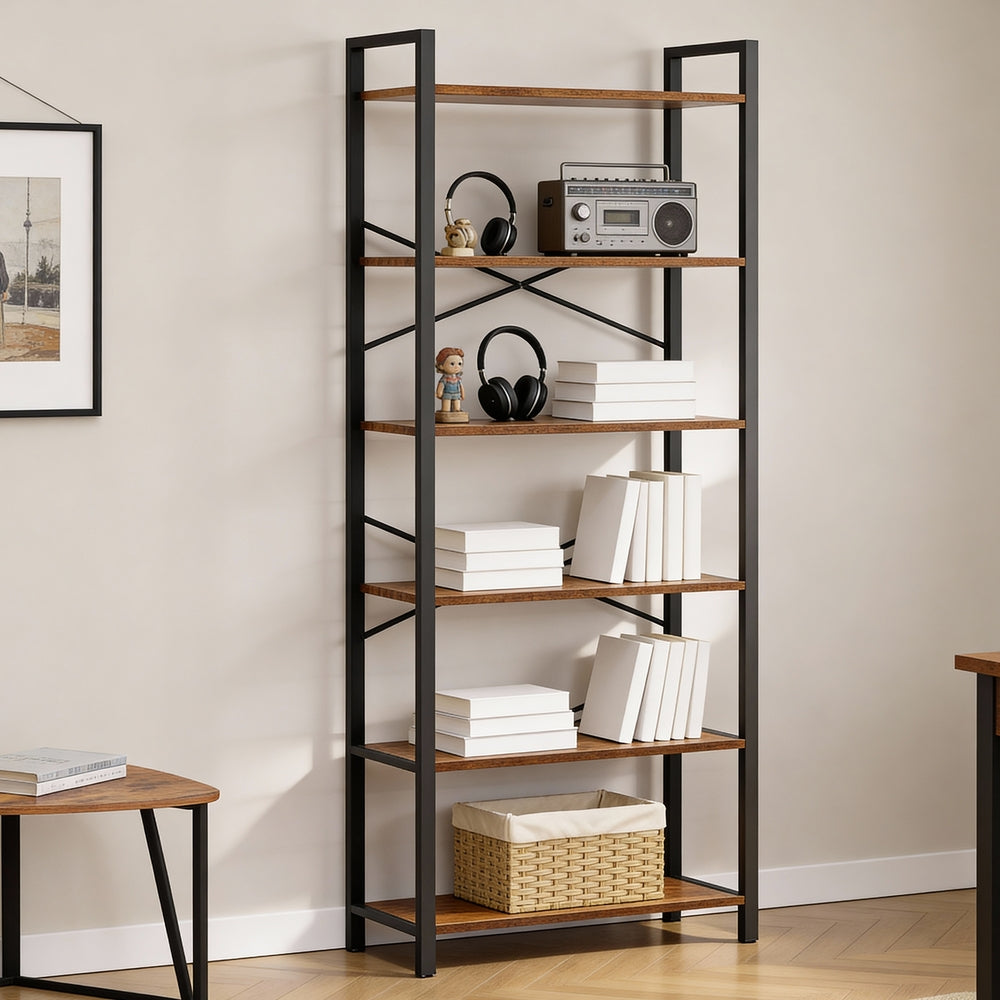 6-Tier Bookshelf, Bookcase - Particleboard and Steel - Greige