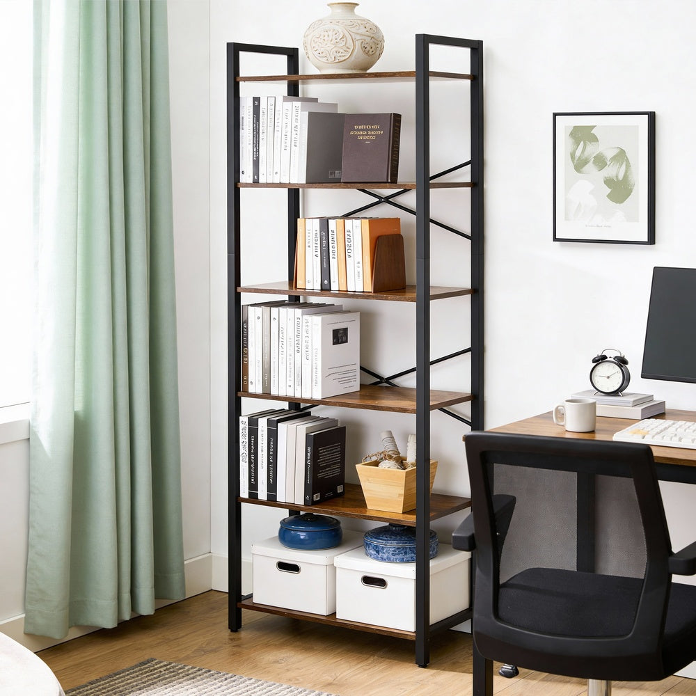 6-Tier Bookshelf, Bookcase - Particleboard and Steel - Greige