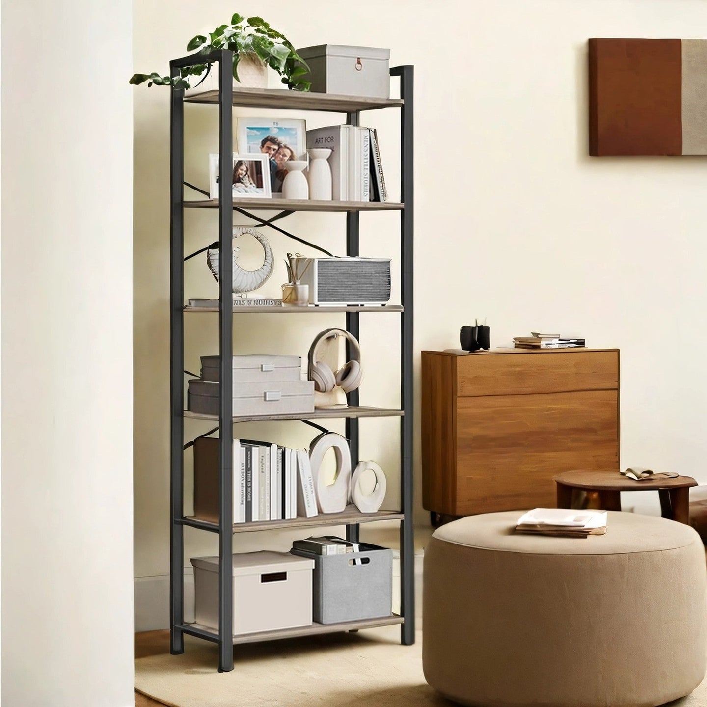 6-Tier Bookshelf - Steel Frame - Special Walnut and Black - Freestanding Design for Living Room