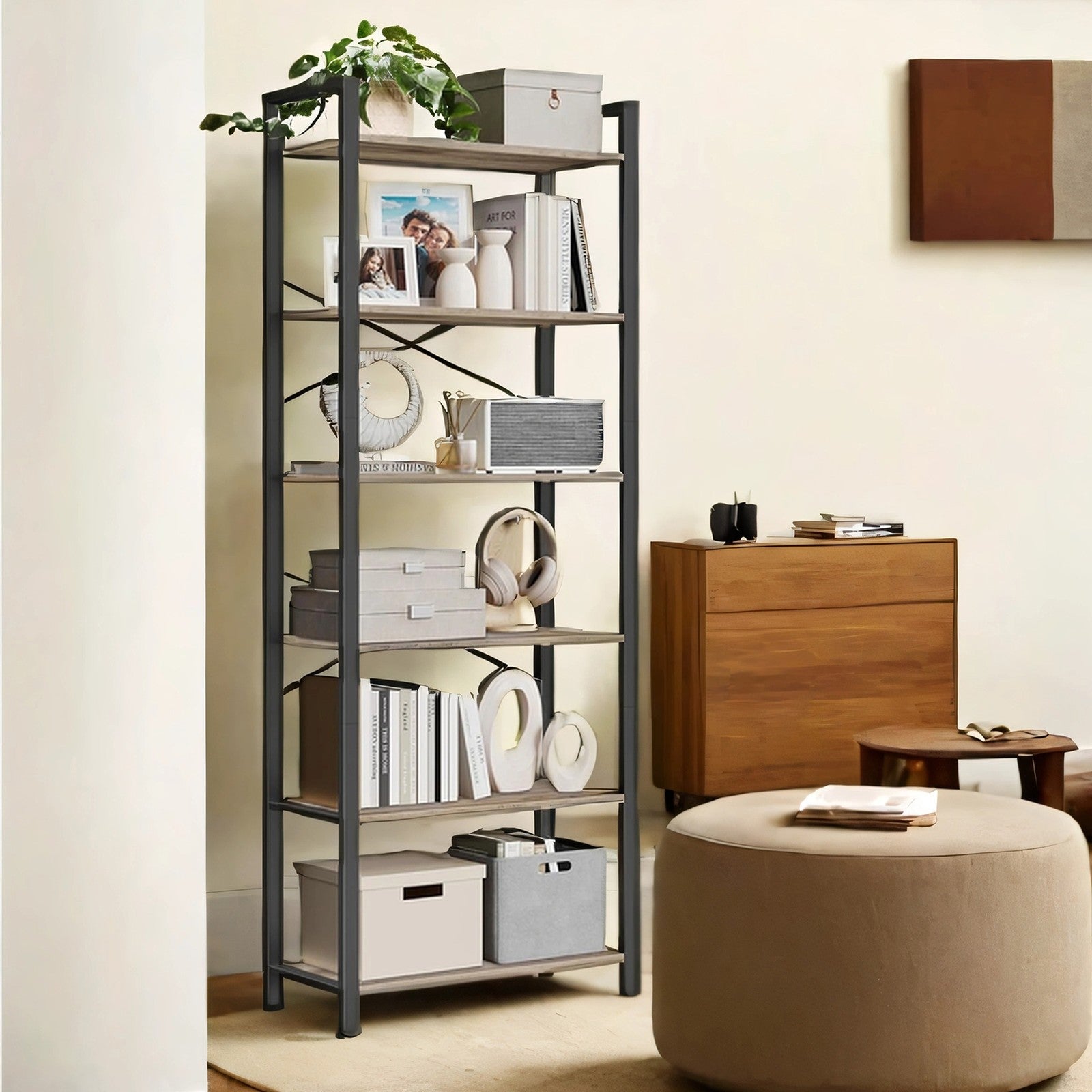 6-Tier Bookshelf - Steel Frame - Special Walnut and Black - Freestanding Design for Living Room