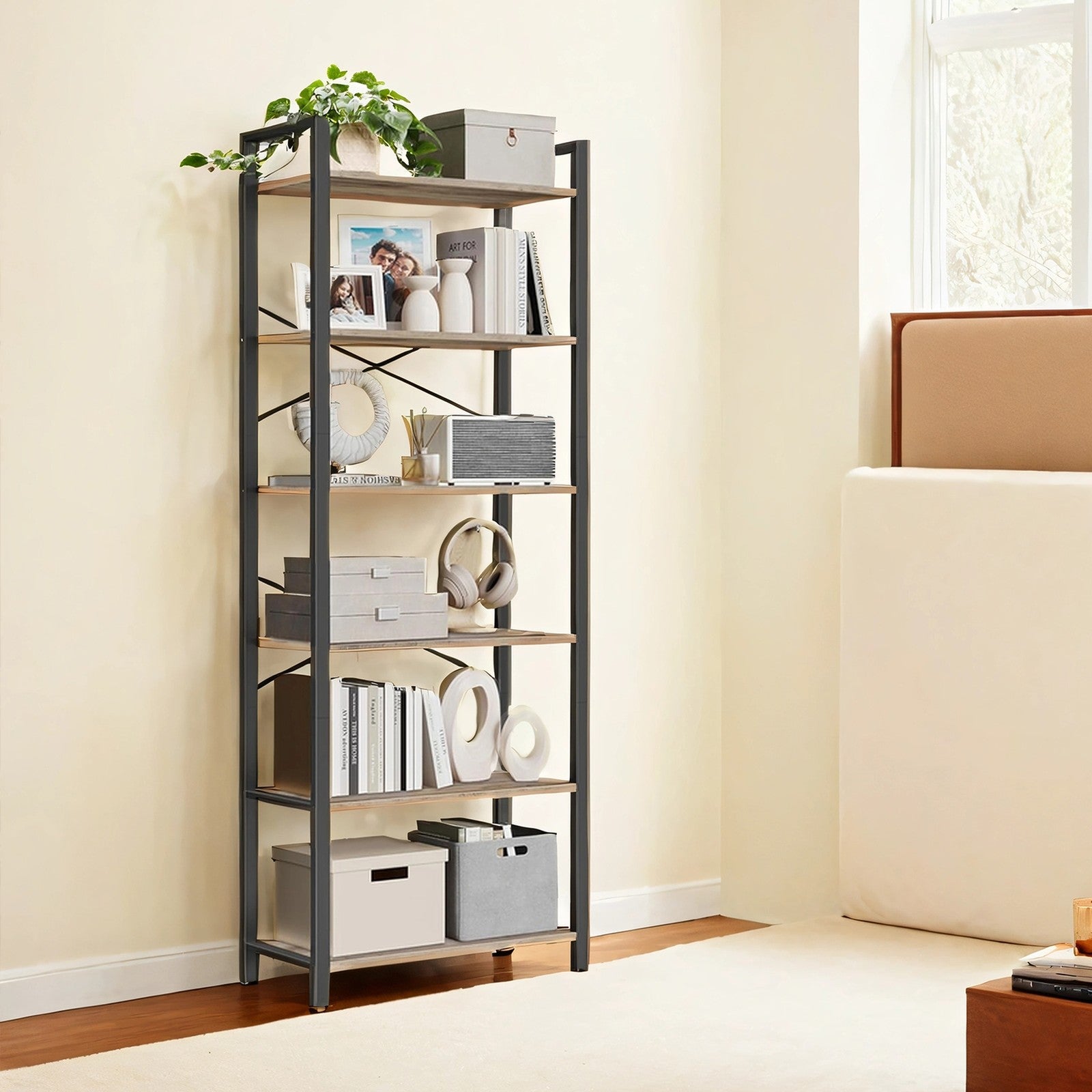 6-Tier Bookshelf - Steel Frame - Special Walnut and Black - Freestanding Design for Living Room