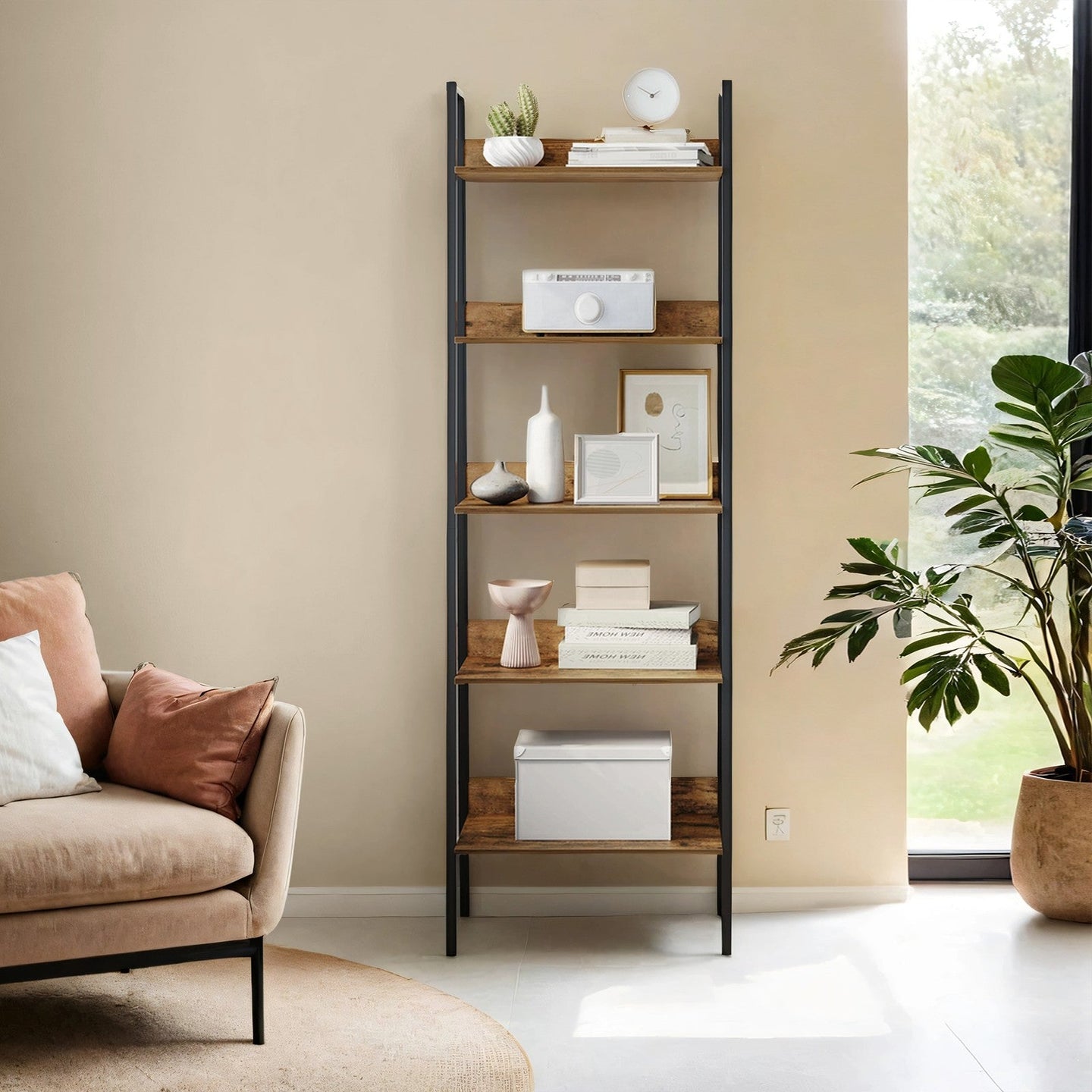5-Tier Bookcase - Metal Frame - Rustic Brown and Black - Freestanding Design for Home Office and Living Spaces