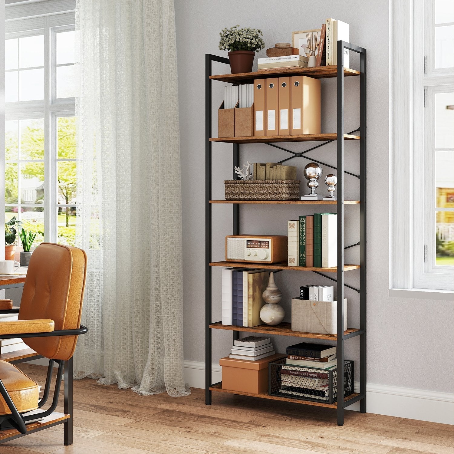 6-Tier Storage Rack - Steel Frame - Special Walnut and Black - Freestanding Multi-Use Shelf Unit