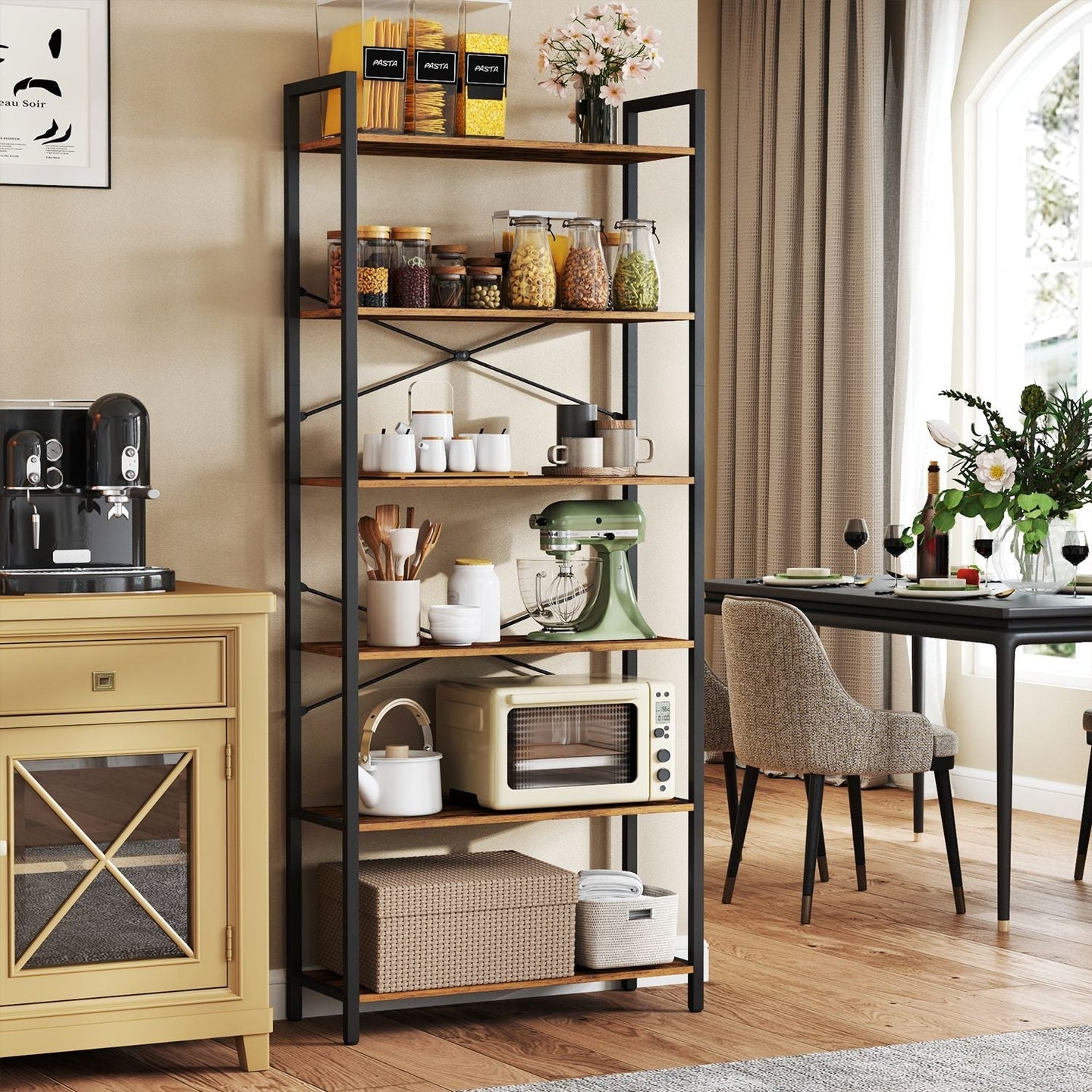 6-Tier Storage Rack - Steel Frame - Special Walnut and Black - Freestanding Multi-Use Shelf Unit