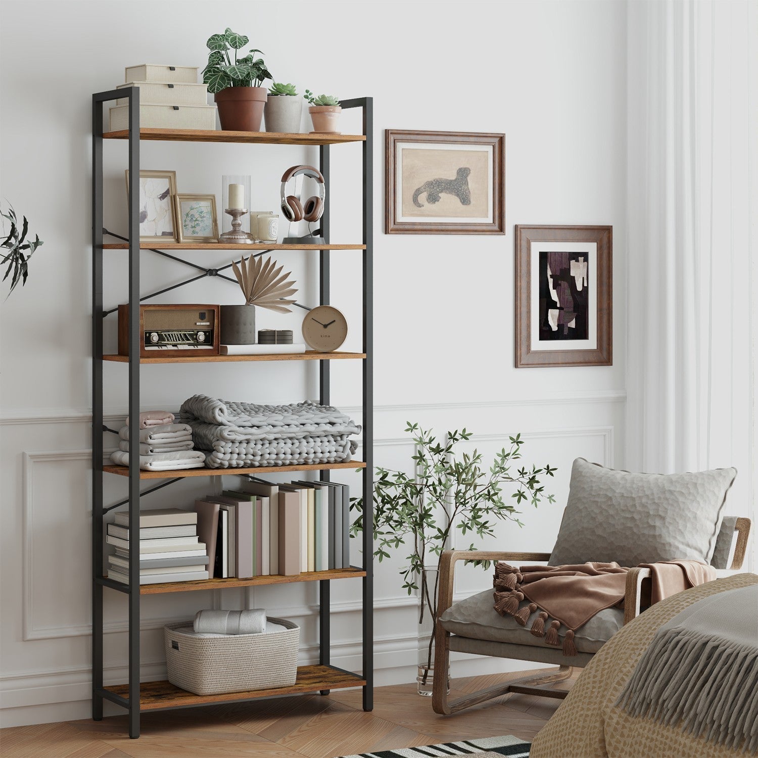 6-Tier Storage Rack - Steel Frame - Special Walnut and Black - Freestanding Multi-Use Shelf Unit