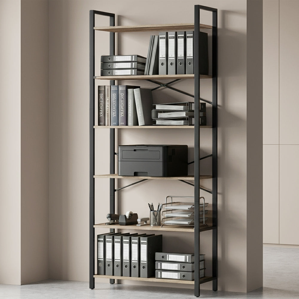 Tall Storage Shelf - Wood and Steel - Brown - with 6 Tiers