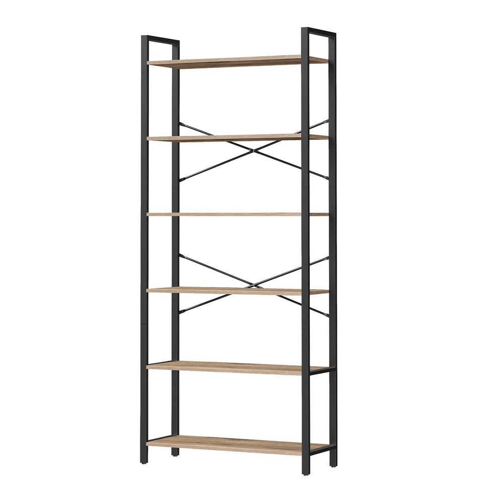 Tall Storage Shelf - Wood and Steel - Brown - with 6 Tiers