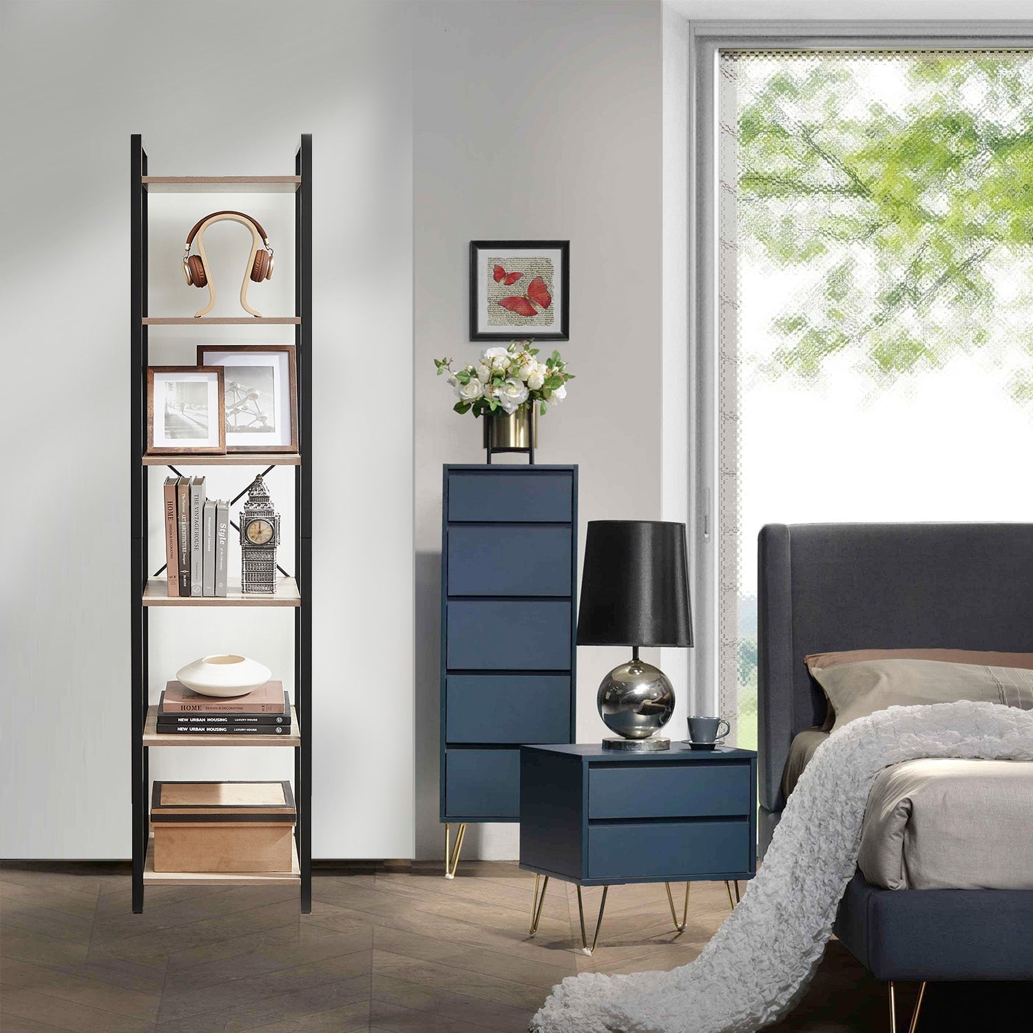 6-Tier Storage Rack - Wood - Greige - Versatile for Living Room