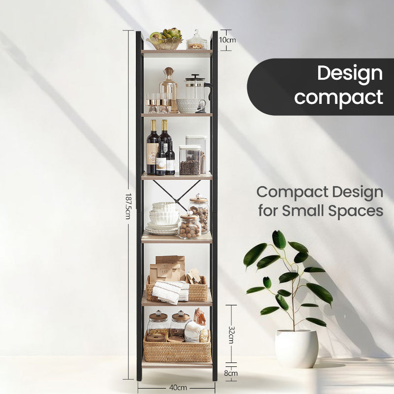 6-Tier Storage Rack - Wood - Greige - Versatile for Living Room