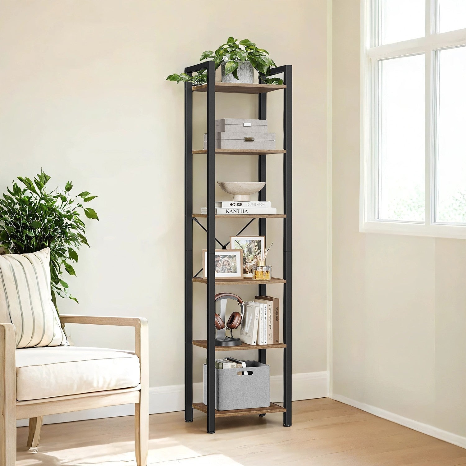 6-Tier Storage Rack - Wood - Wheat Brown - Versatile for Living Room