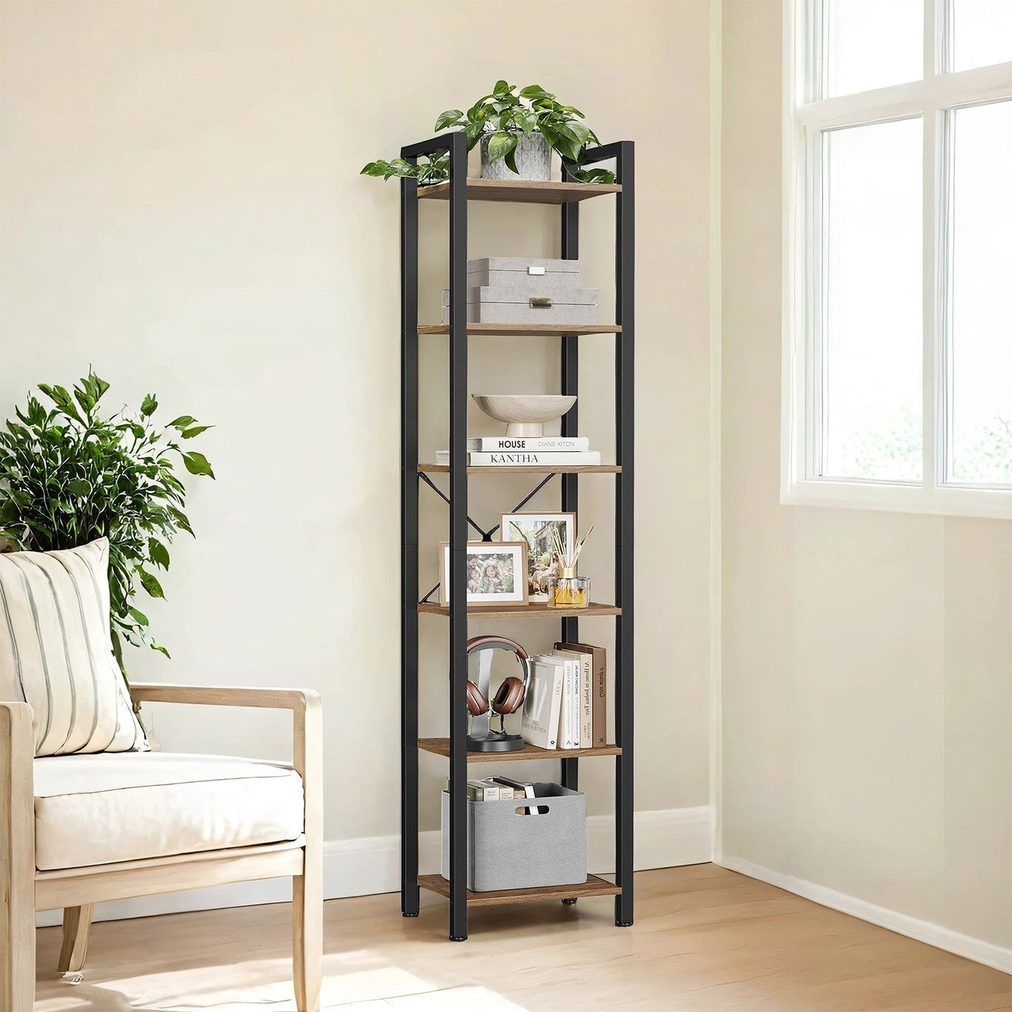 6-Tier Storage Rack - Wood - Wheat Brown - Versatile for Living Room