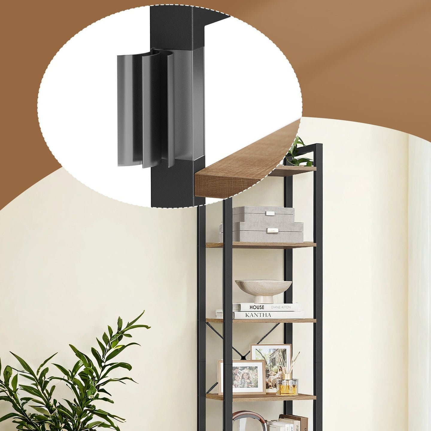6-Tier Storage Rack - Wood - Wheat Brown - Versatile for Living Room