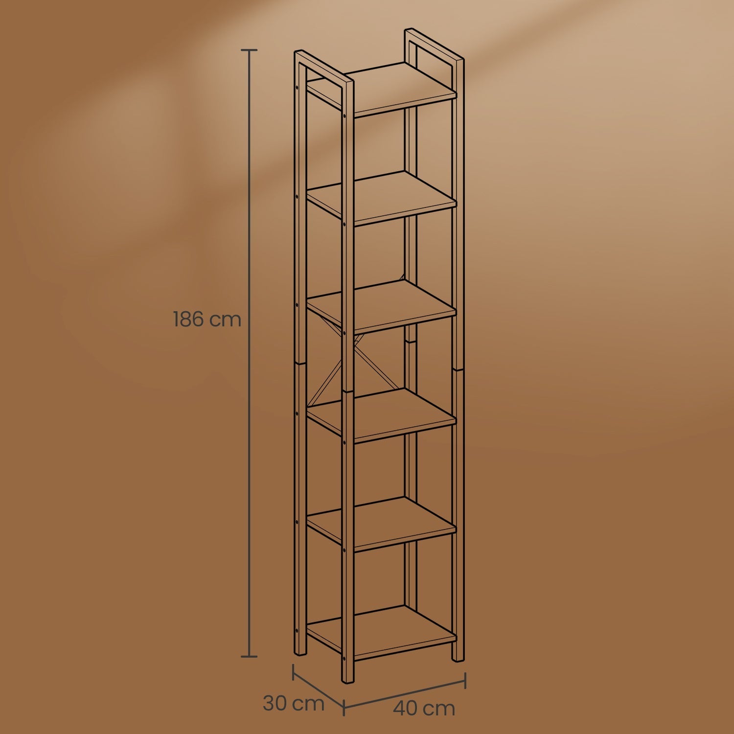 6-Tier Storage Rack - Wood - Wheat Brown - Versatile for Living Room