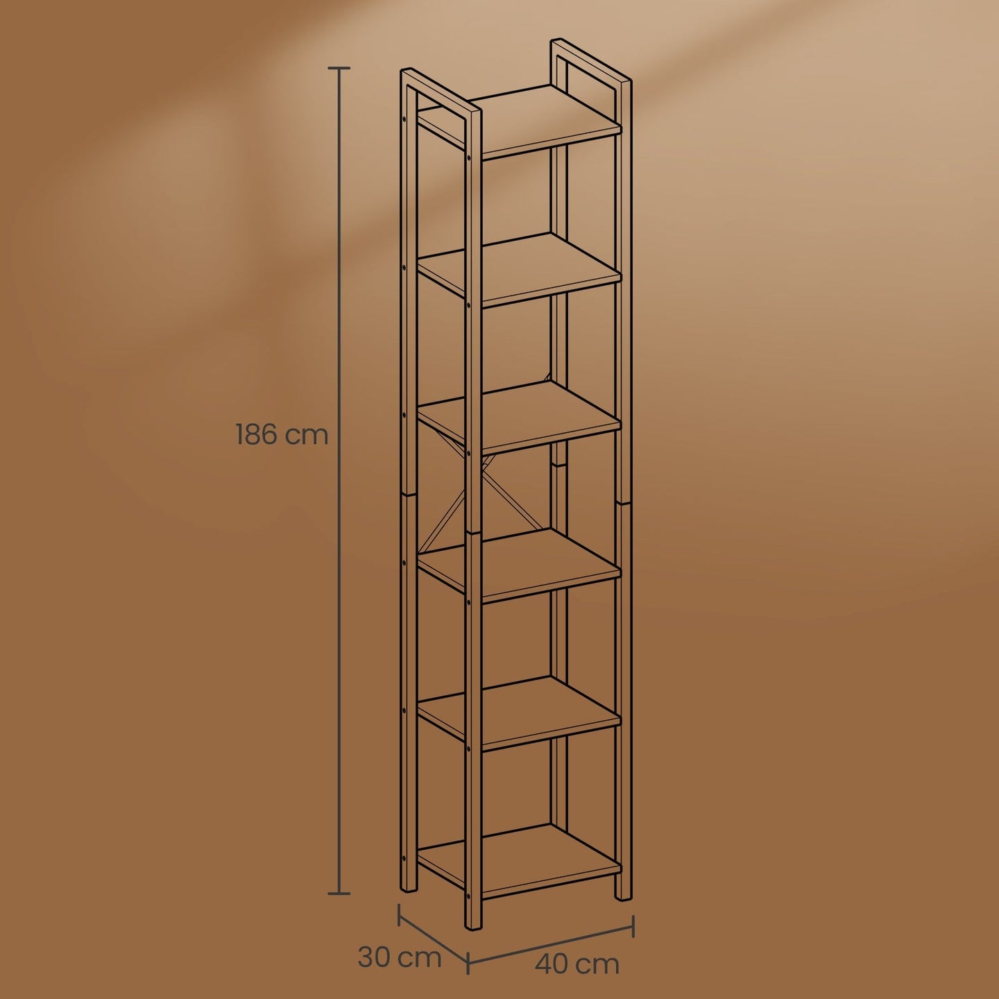 6-Tier Storage Rack - Wood - Wheat Brown - Versatile for Living Room