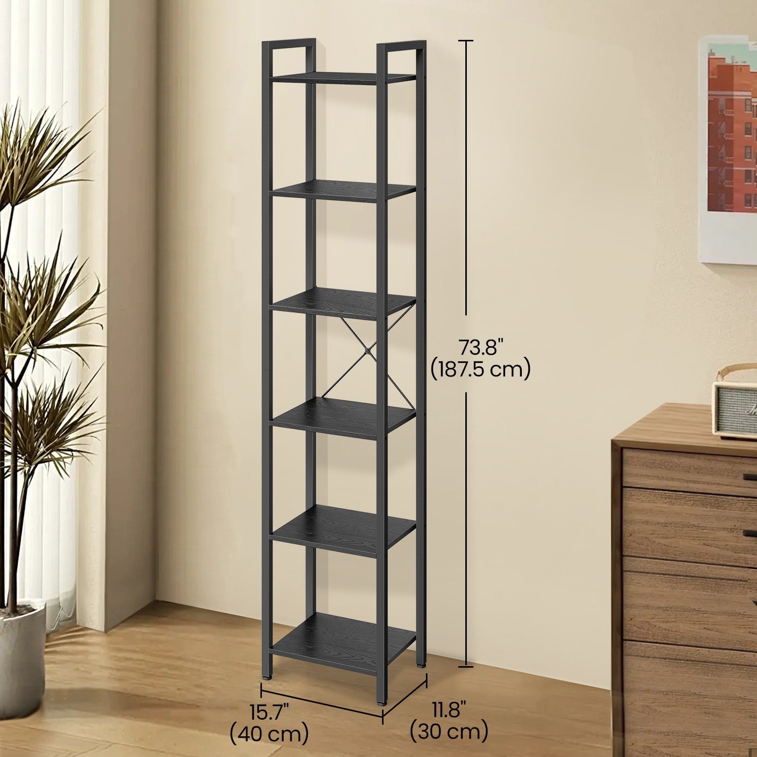 6-Tier Storage Rack - Wood - Ebony Black - Slim Design for Study and Living Room