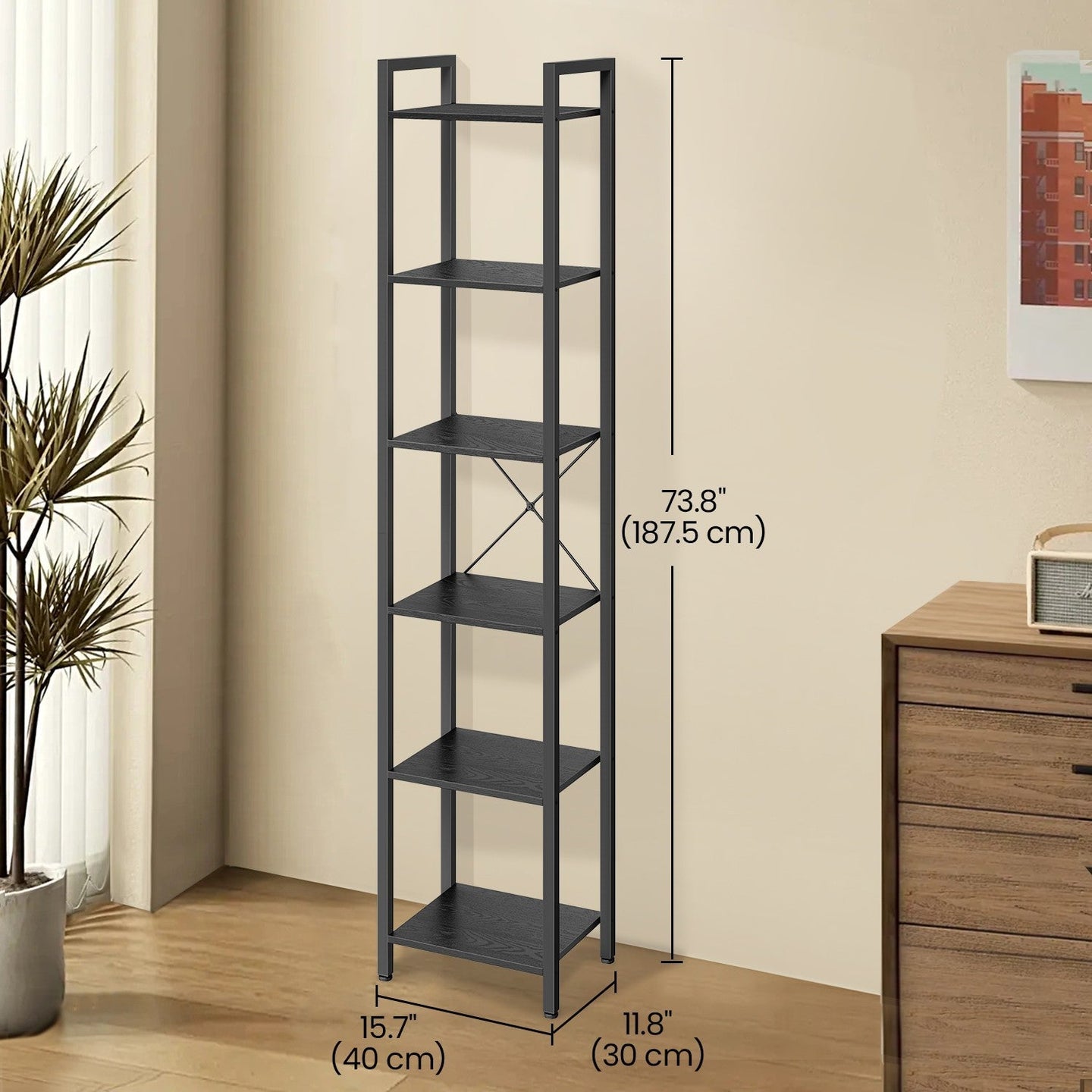 6-Tier Storage Rack - Wood - Ebony Black - Slim Design for Study and Living Room