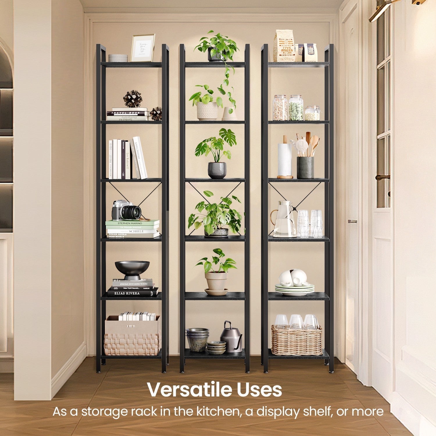 6-Tier Storage Rack - Wood - Ebony Black - Slim Design for Study and Living Room