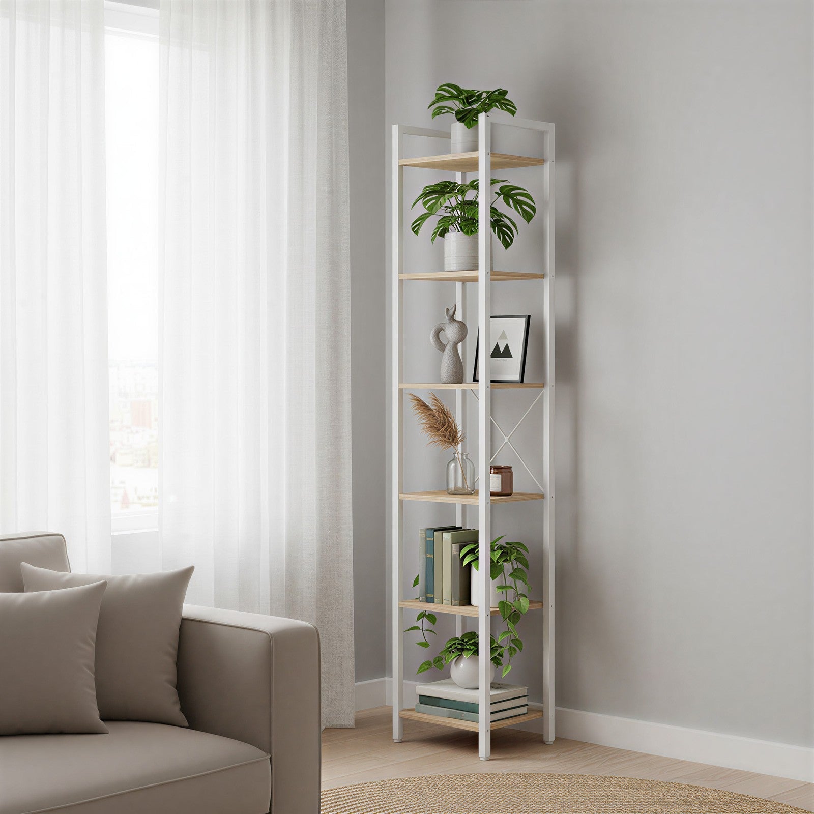 Tall 6-Tier Bookshelf - Steel Frame - Ebony Black - Narrow Design for Living Room and Home Office