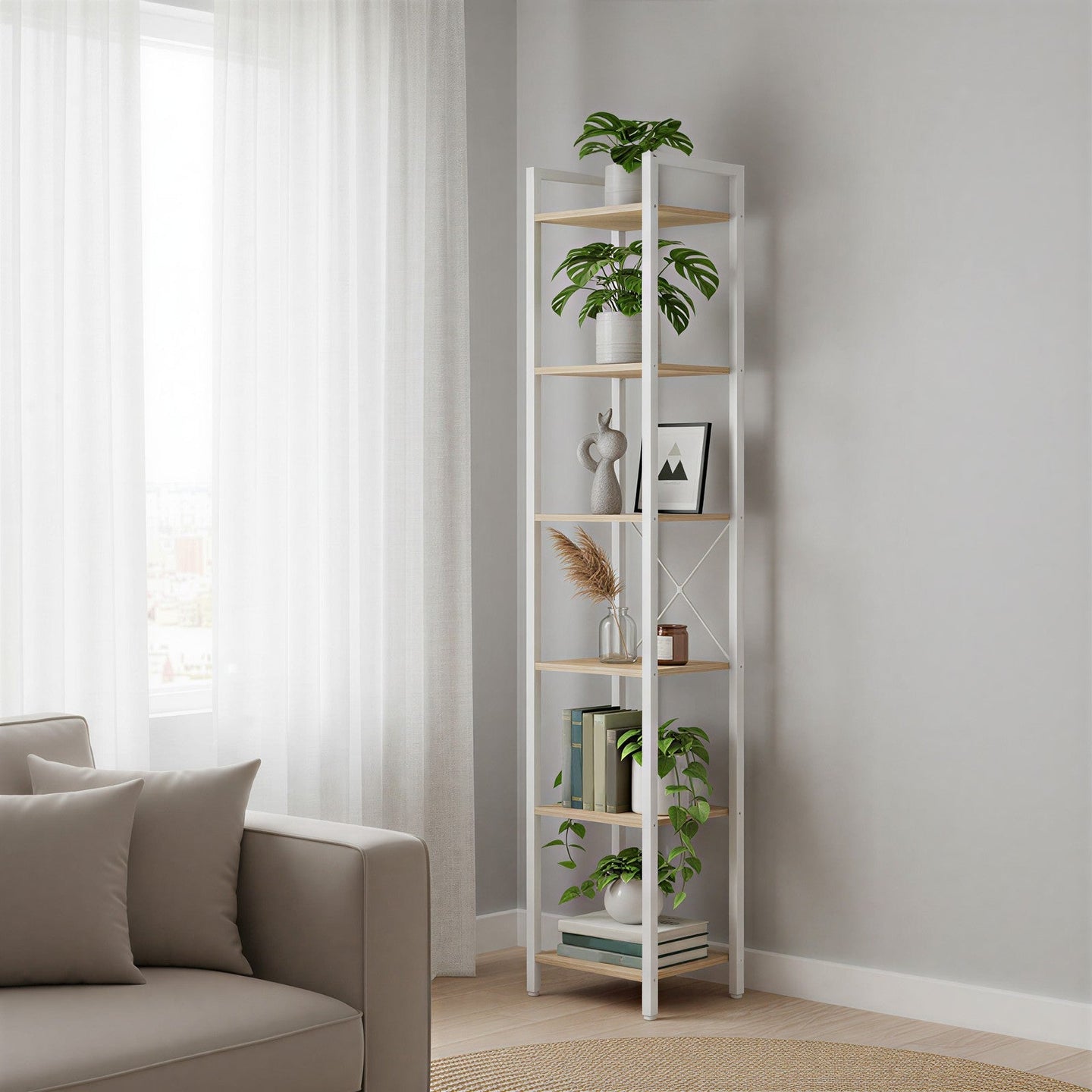 Tall 6-Tier Bookshelf - Steel Frame - Ebony Black - Narrow Design for Living Room and Home Office