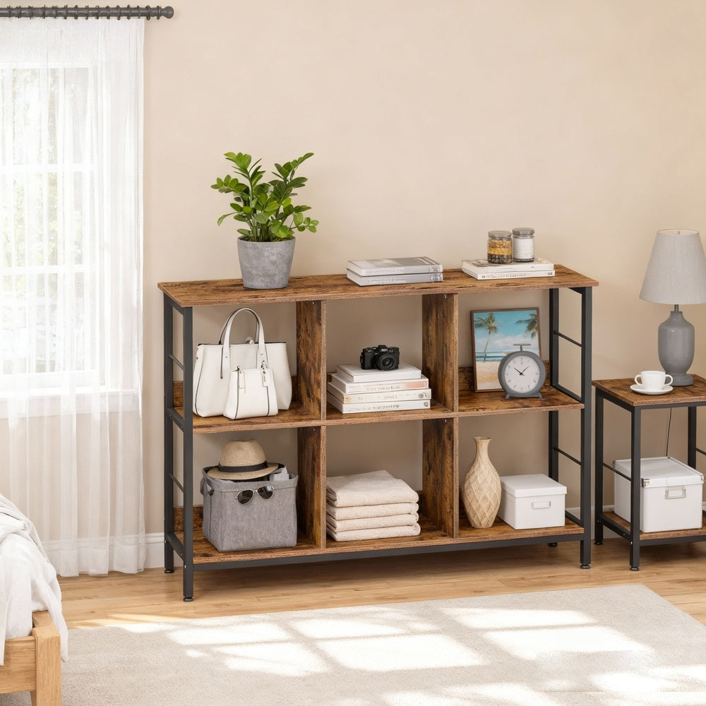 2-Tier Ladder Shelf - Wood and Steel - Rustic Brown