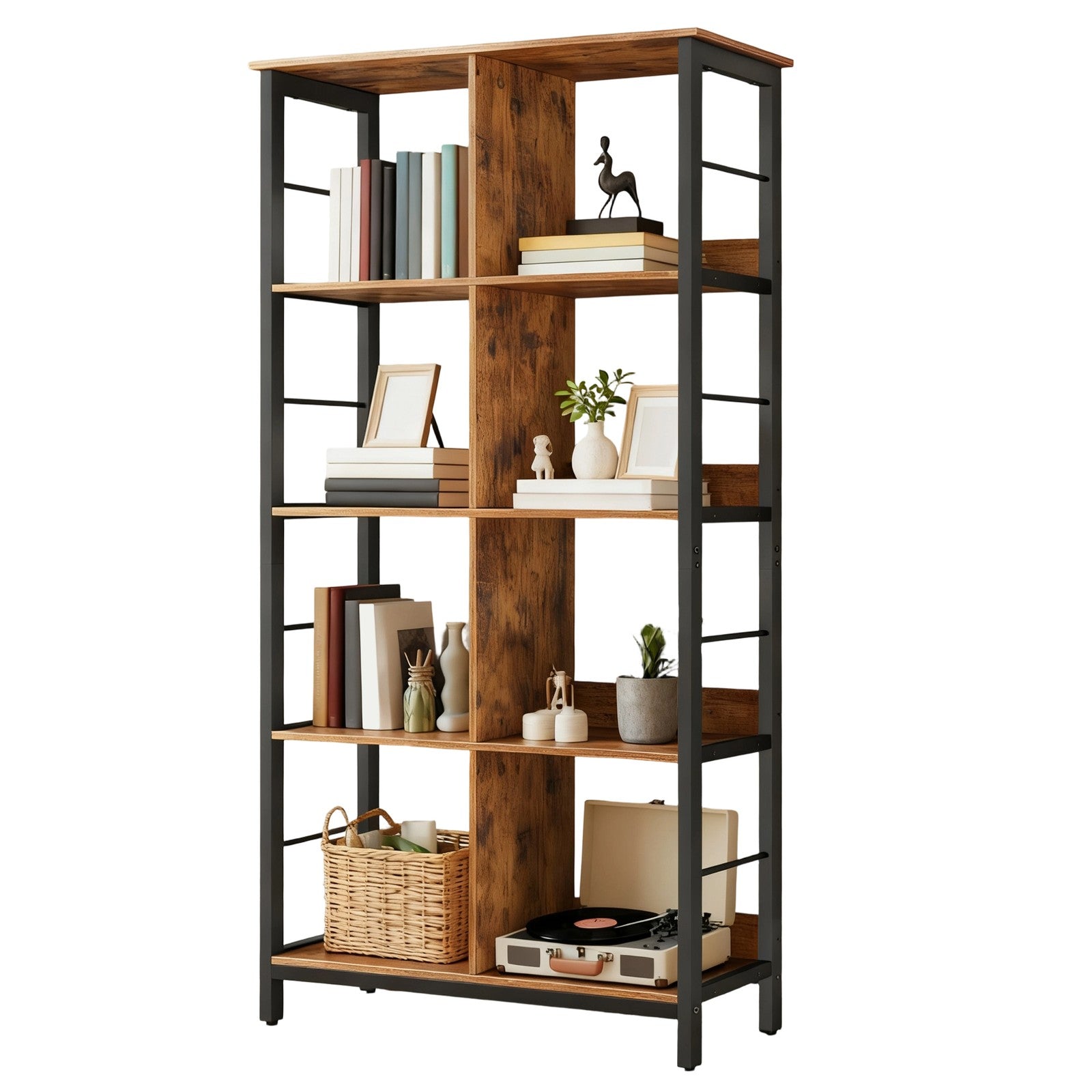 4-Tier Ladder Shelf - Wood and Steel - Rustic Brown