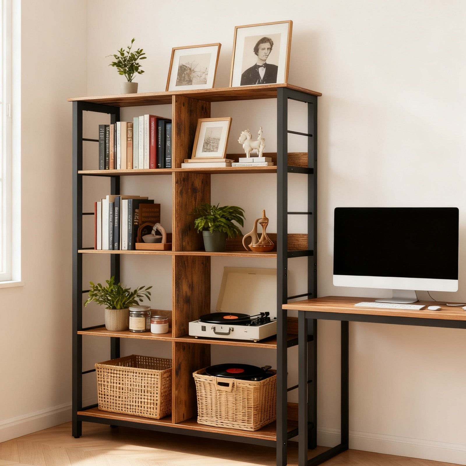4-Tier Ladder Shelf - Wood and Steel - Rustic Brown