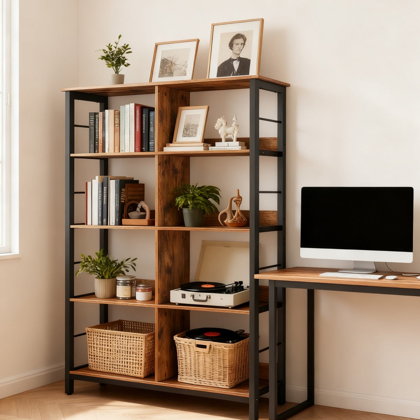 4-Tier Ladder Shelf - Wood and Steel - Rustic Brown