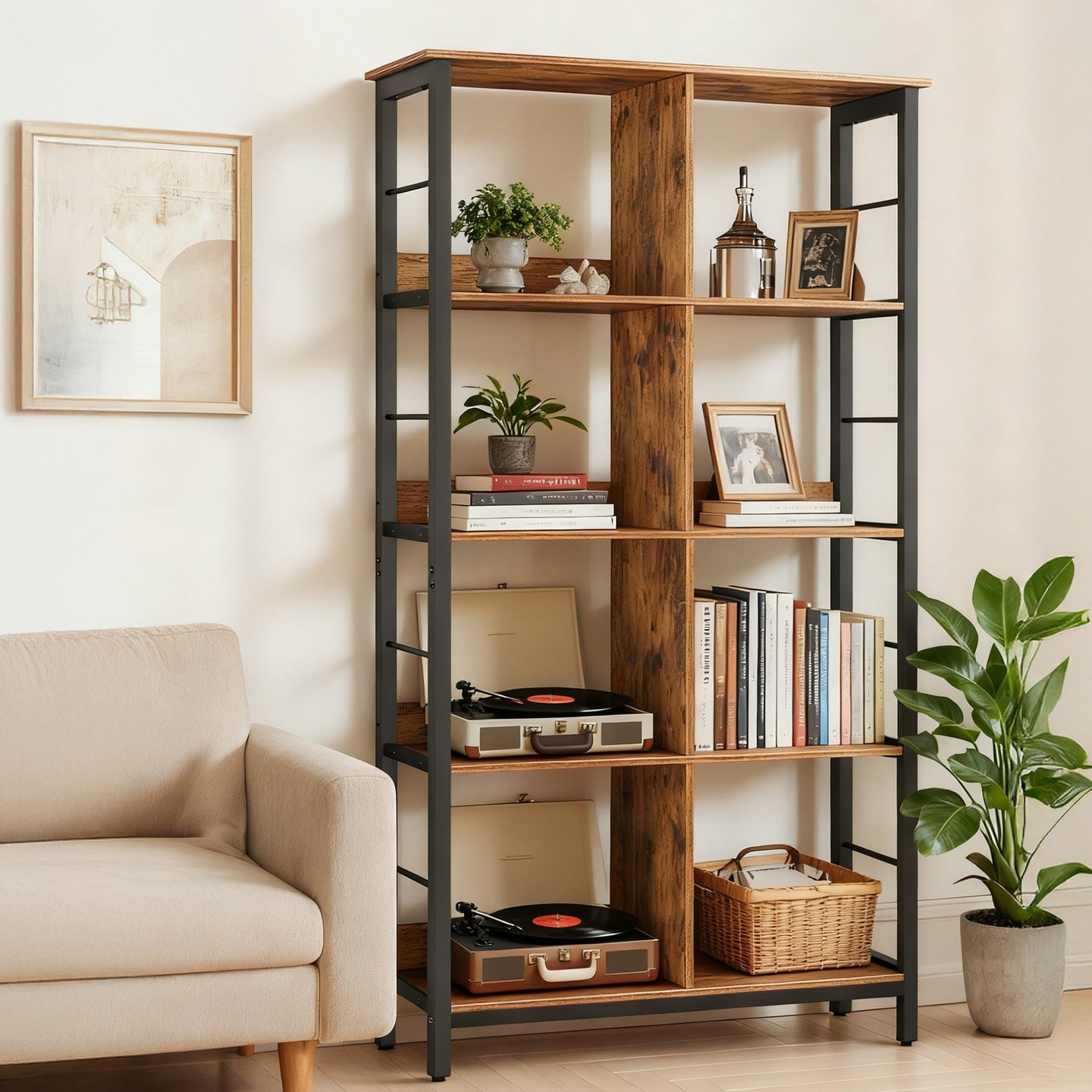 4-Tier Ladder Shelf - Wood and Steel - Rustic Brown