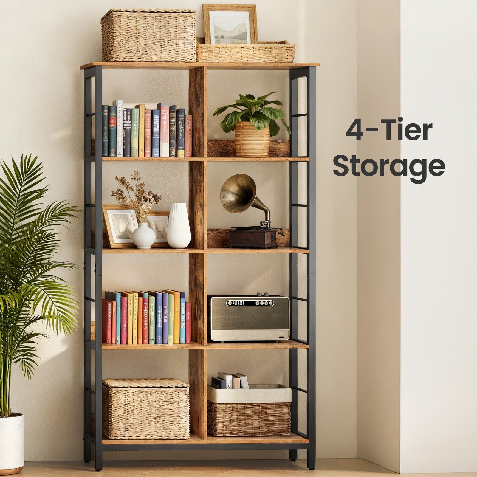 4-Tier Ladder Shelf - Wood and Steel - Rustic Brown