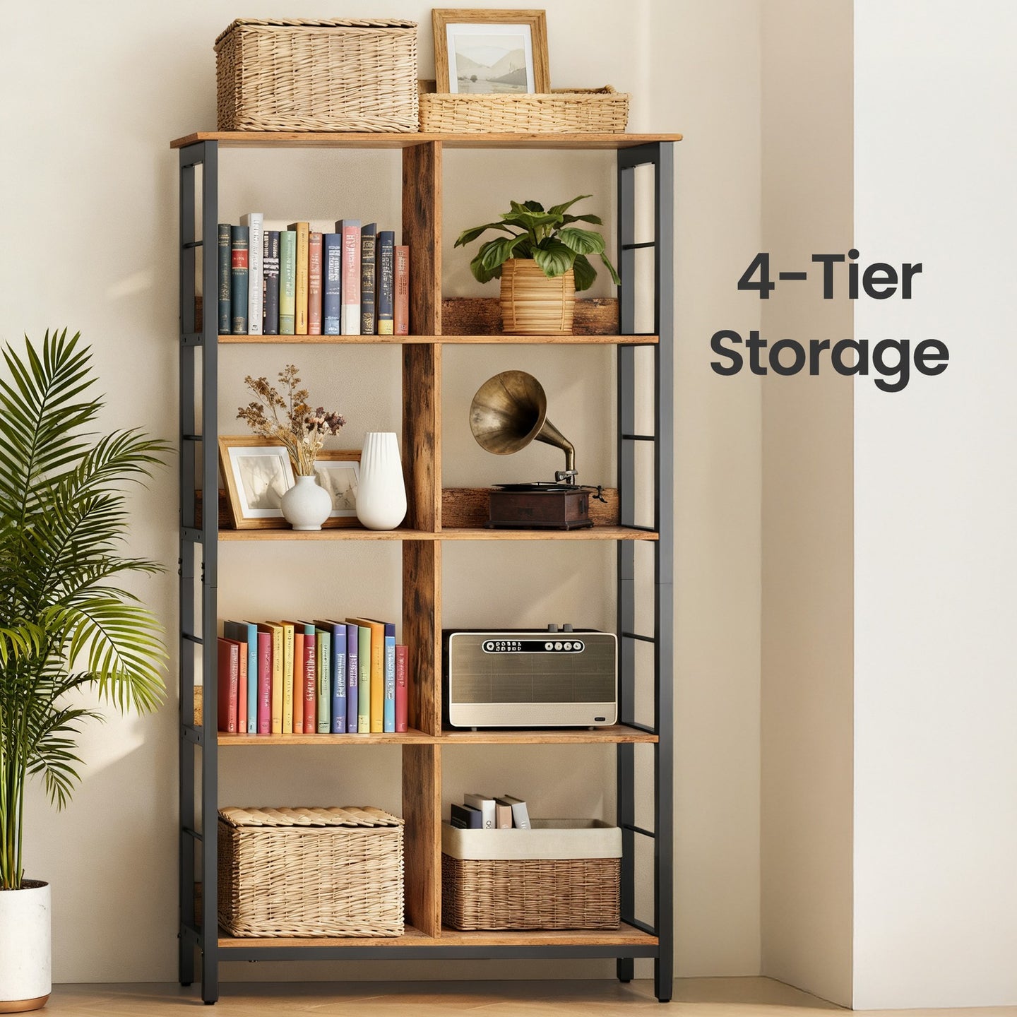 4-Tier Ladder Shelf - Wood and Steel - Rustic Brown