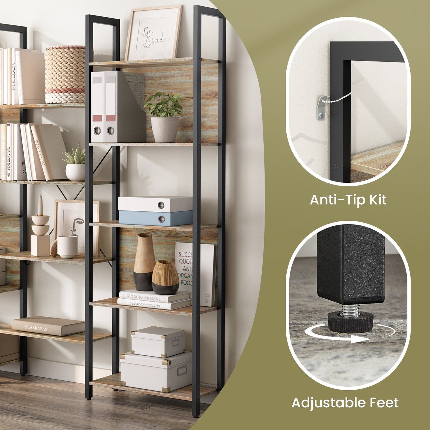 5-Tier Bookcase - Metal - Rustic Brown and Black