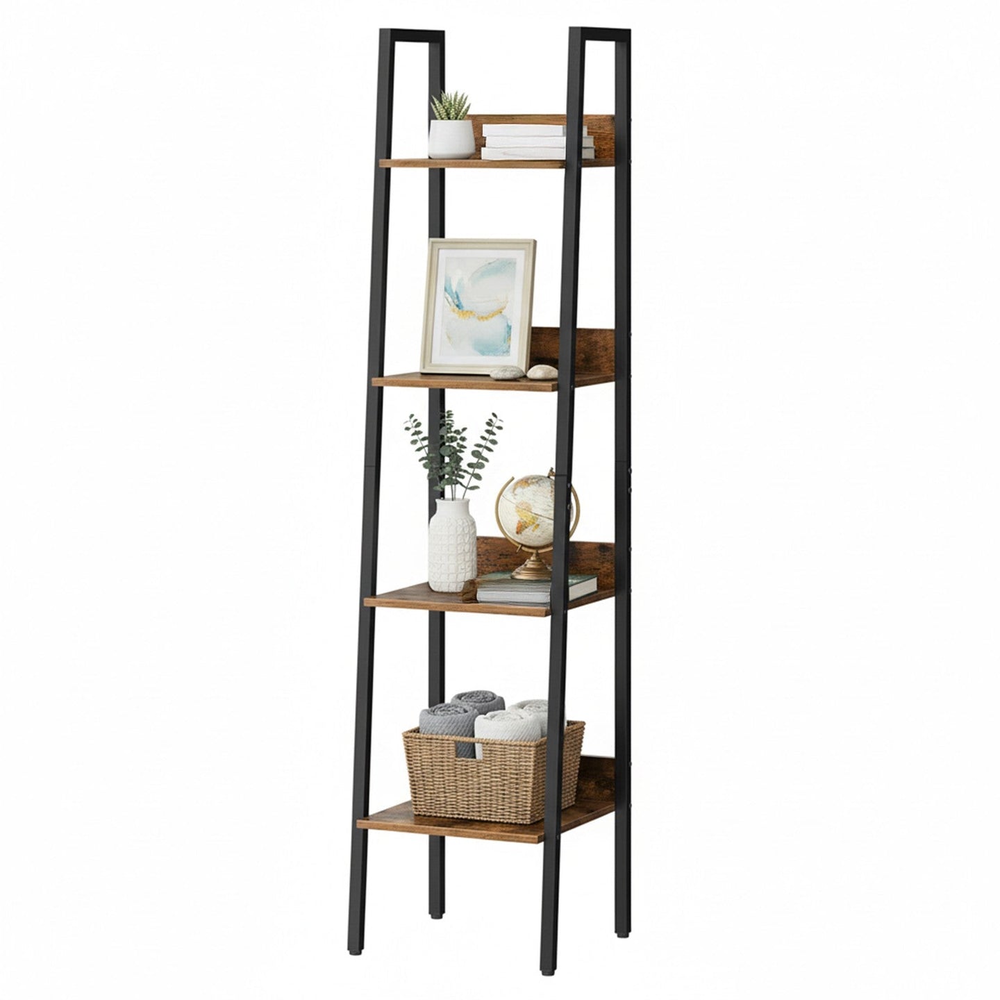 4-Tier Bookcase - Steel - Rustic Brown and Black - Freestanding Storage Shelf